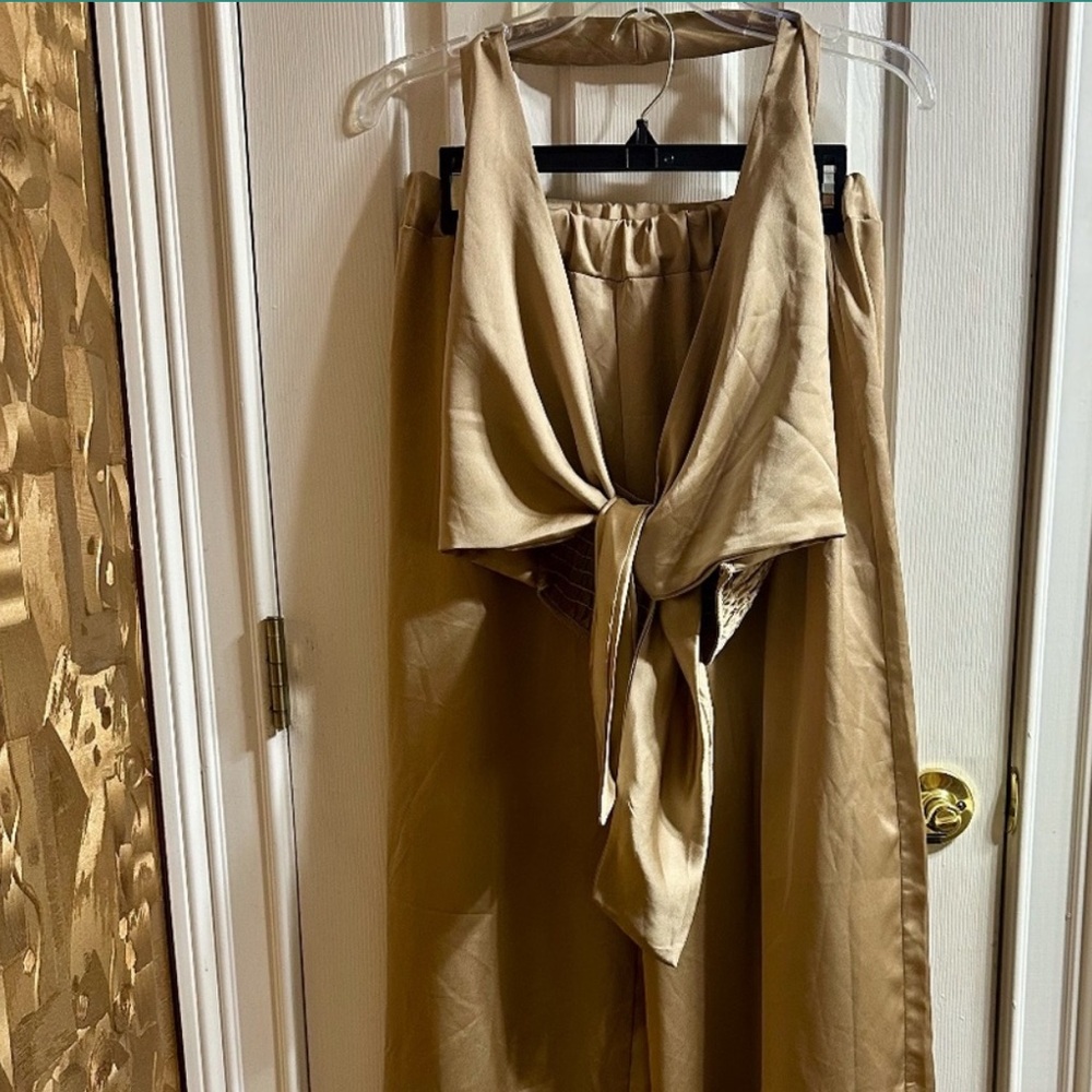 Satin Style Co-Ord Pant and Crop Halter Set 2 Piece Gold